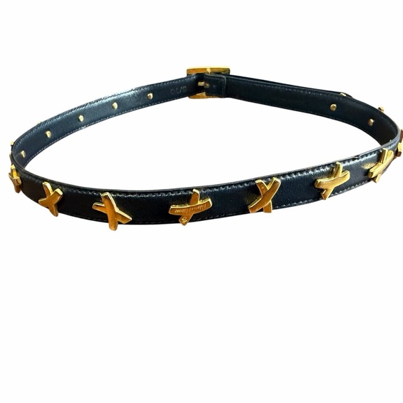 Vtg 80s Paloma Picasso Belt Gold Brass Signature X Buckle Dark Navy Leather RARE Paloma Picasso black X leather belt - Vintage 80\ main image 4